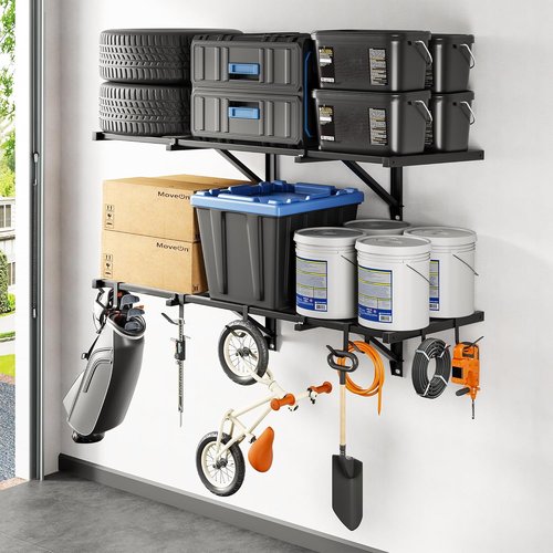 FLEXIMOUNTS Heavy Duty Garage Wall Shelving - 2x4ft Wall-Mounted Storage with 8 Hooks, 400lbs Capacity