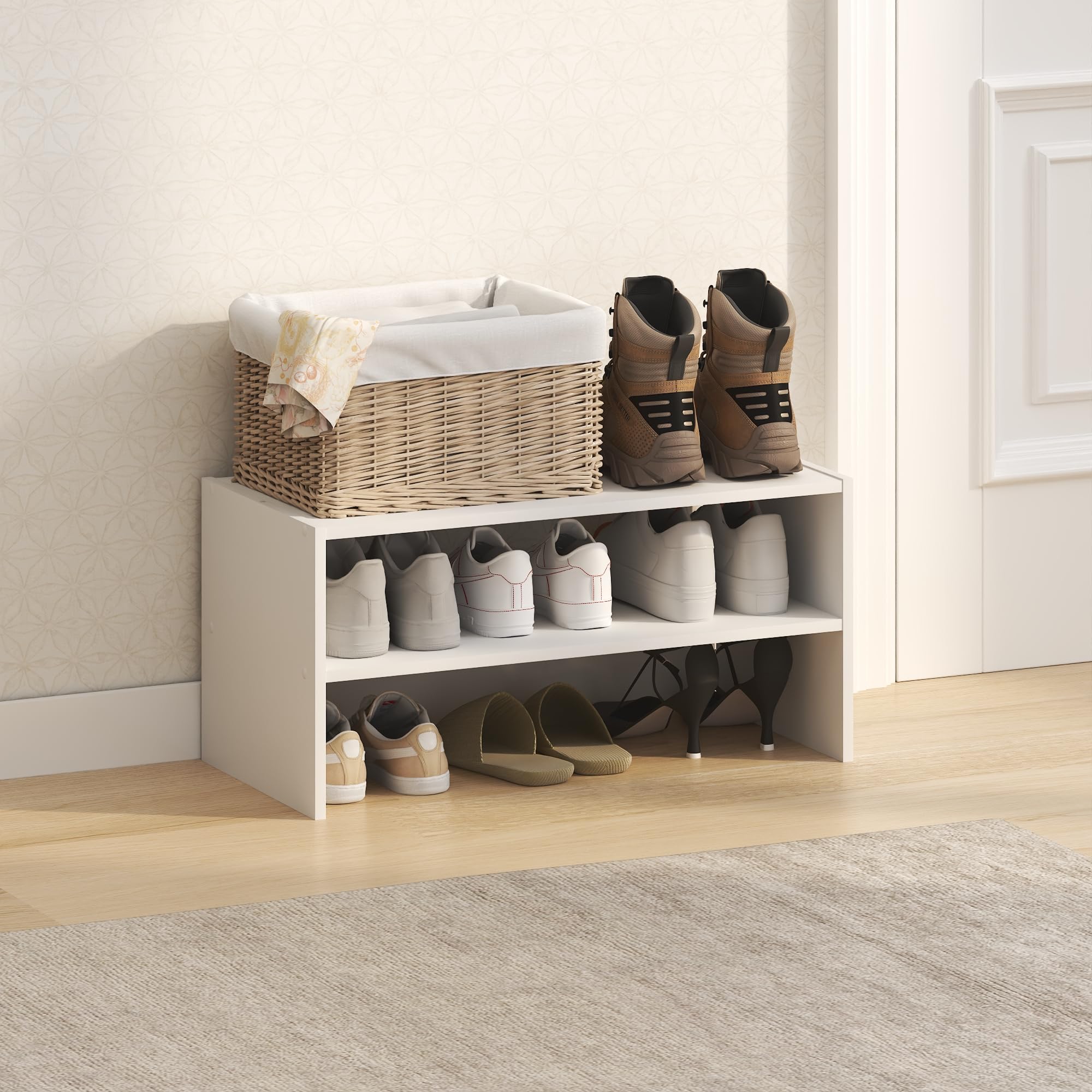 Furinno FANO Shoe Rack, 24-Inch Width 2-Tier Shoe Organizer, Stackable Shoes Storage, 11.7 x 24.2 x 11.7, for Closet Entryway, Office, Garage, White