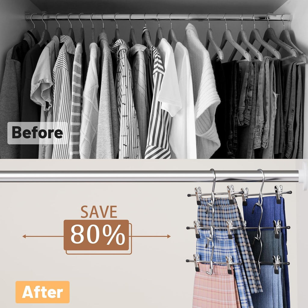 Skiennix Space-Saving Pants Hangers - Stackable Skirt Hangers with Clips | 8-Pack Closet Organizer