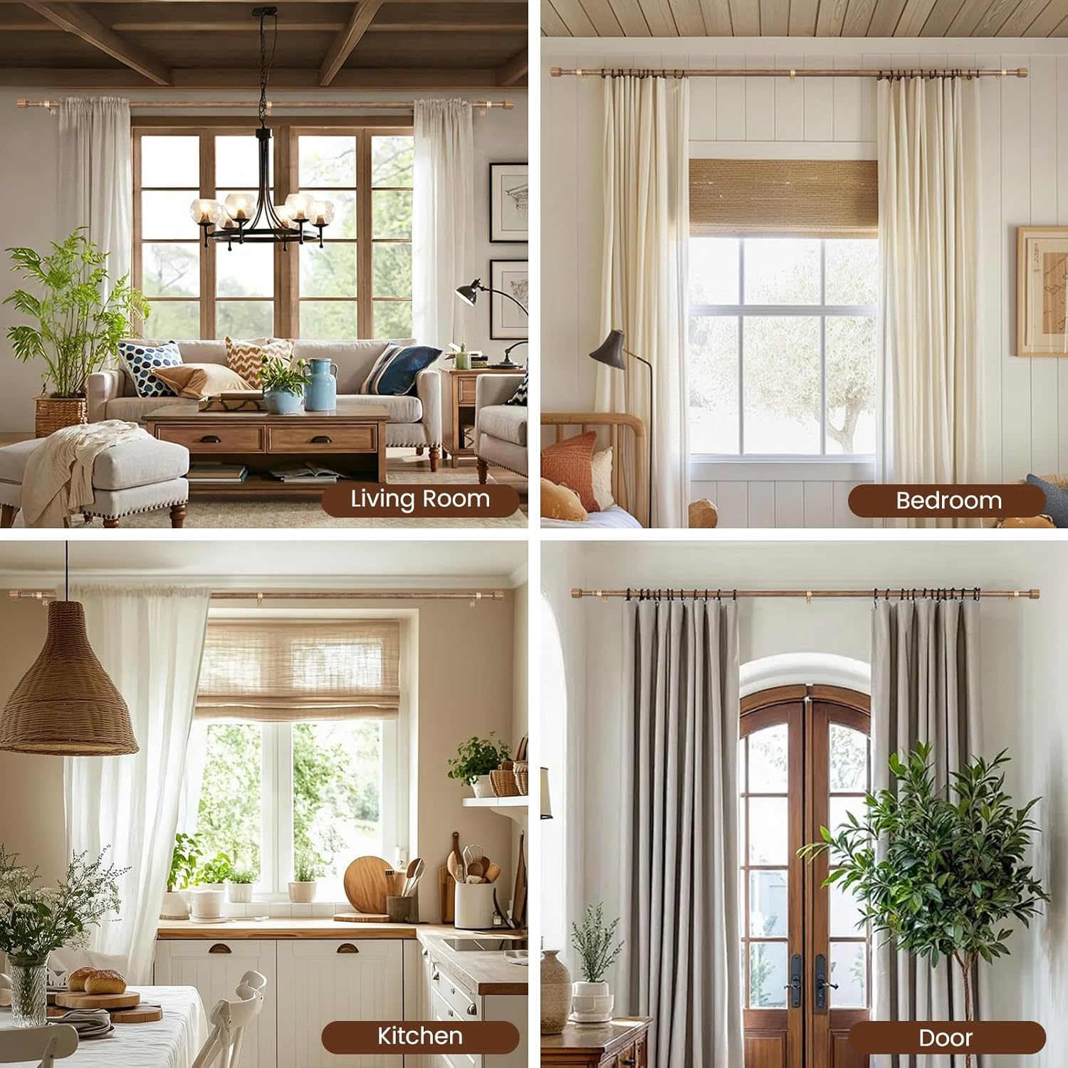 Skiennix Adjustable Curtain Rods - Heavy Duty 1” Diameter, 30-90 Inch, Matte Wood Grain | 2 Pack for 30-84 Inch Windows