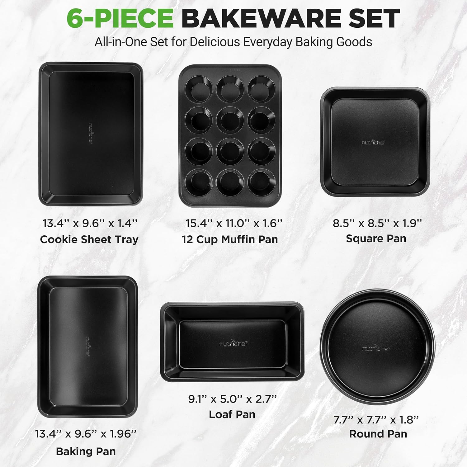 NutriChef Non-Stick Baking Pan Set - Stackable Carbon Steel Bakeware with Cookie Sheet, Muffin & Loaf Pan, Oven & Dishwasher Safe