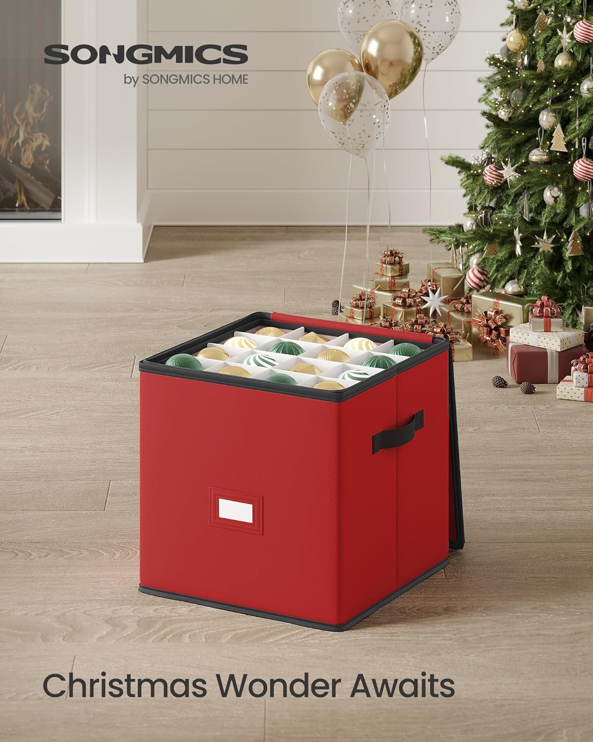 SONGMICS Christmas Ornament Storage Box - Stackable Dual-Zipper Container with 64 Slots, Cherry Red