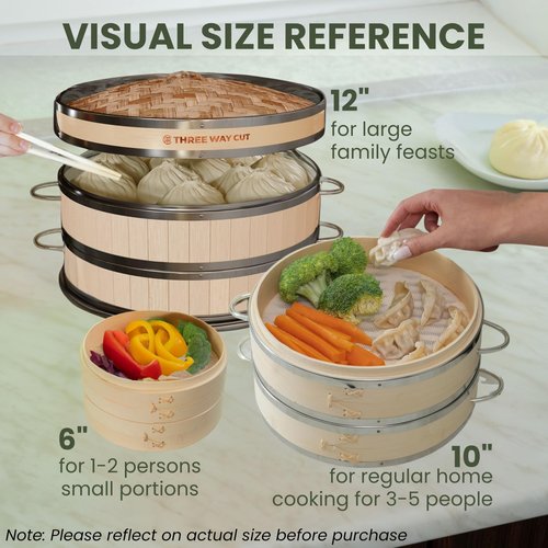 2-tier 12" Bamboo Steamer with Reinforcement & Handle, Reusable Silicone Liner & Accessories Kit For Cooking Dumpling, Baby Bao Bun, Dim Sum, Rice Potsticker Steaming Chinese Asian Food & Vegetables