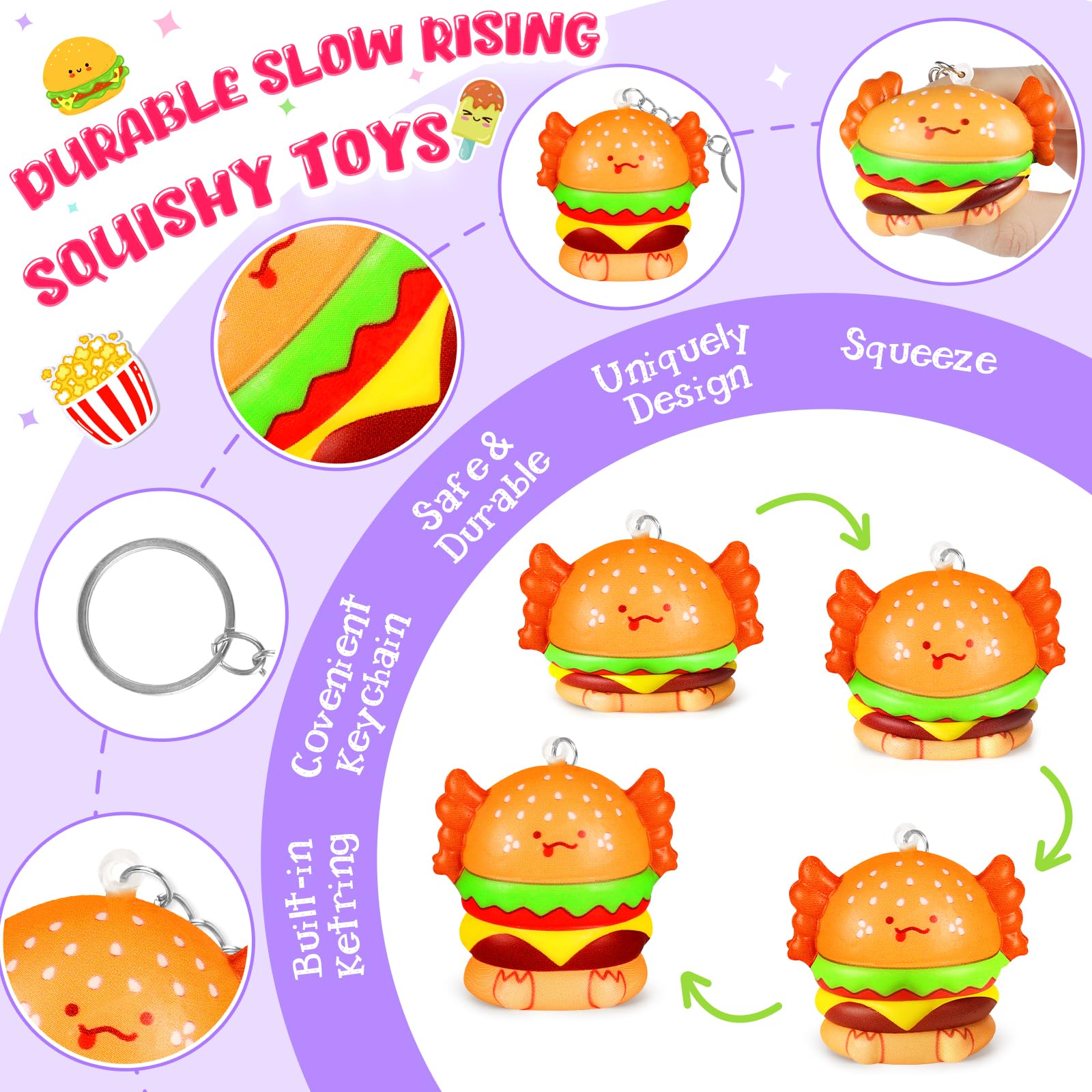 EULRGAUS Valentines Day Cards for Kids School, 24 PCS Food Axolotl Slow Rising Squishy Toys, Valentines Cards for Kids Classroom with Keychains, Valentines Classroom Exchange Party Favors Gifts