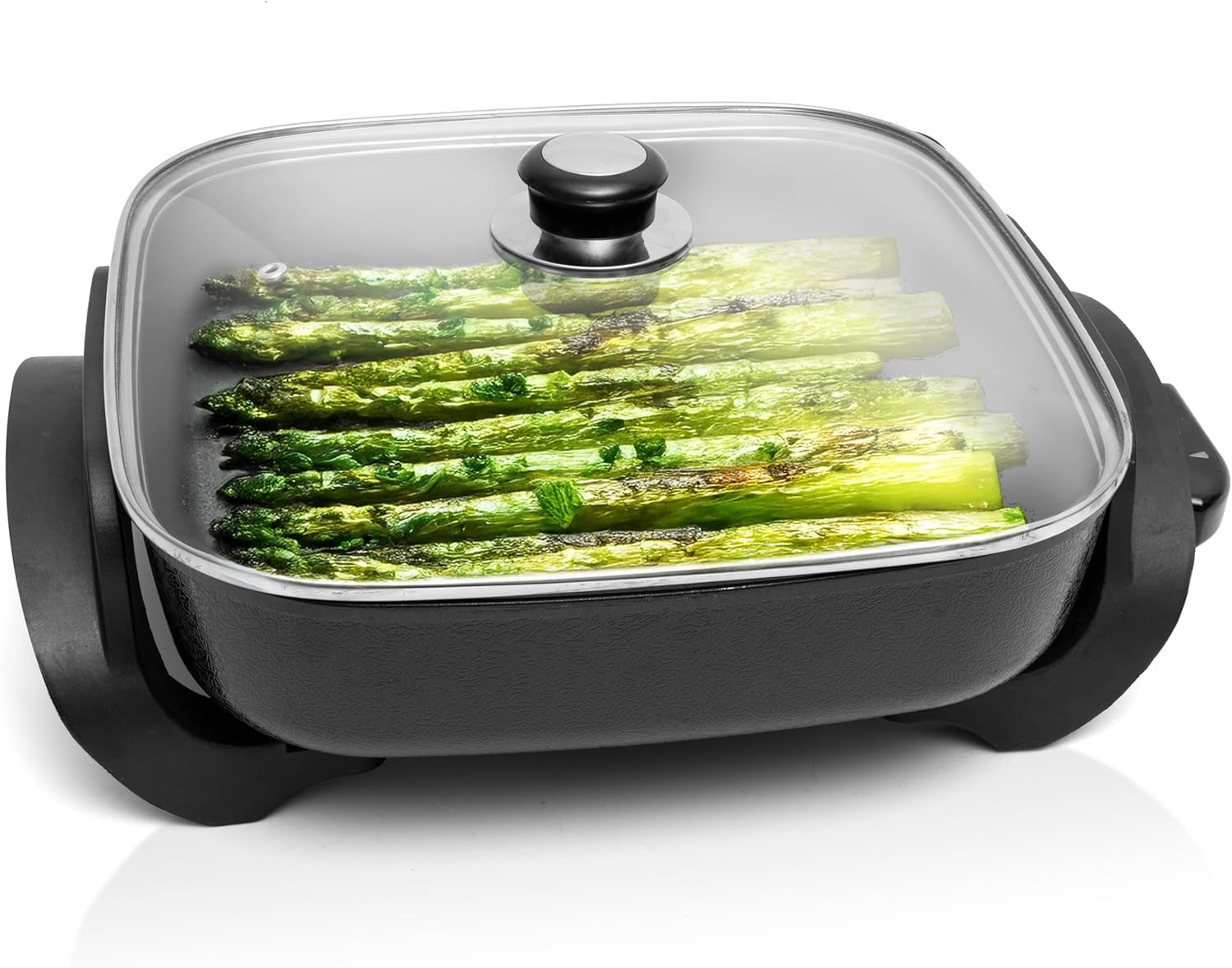 Moss & Stone Nonstick Electric Skillet - 12x12 Inch Aluminum Frying Pan with Vented Glass Lid & Adjustable Temperature Control