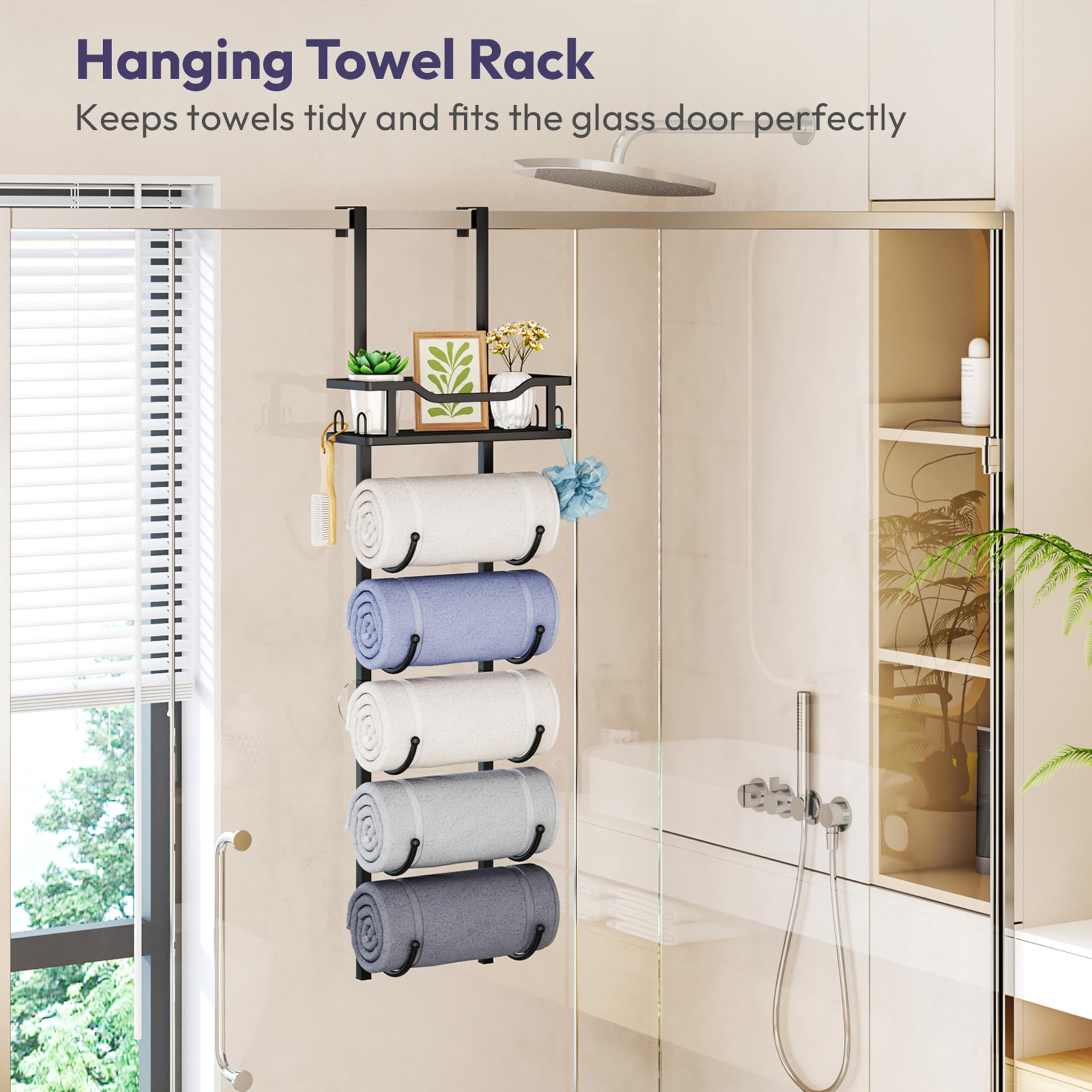SWTYMIKI Over the Door Towel Rack - 6 Tier Towel Racks for Bathroom Wall Mounted, Towel Holder with Shelf, Hanging Rolled Towel Storage Organizer for Small Bathroom, Camper, RV, Black