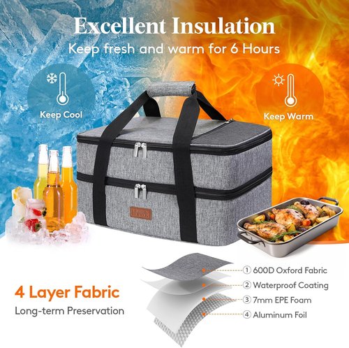 Lifewit Insulated Casserole Carrier - Double Decker Design for Hot or Cold Food | Fits 9"x13" Dish, Grey