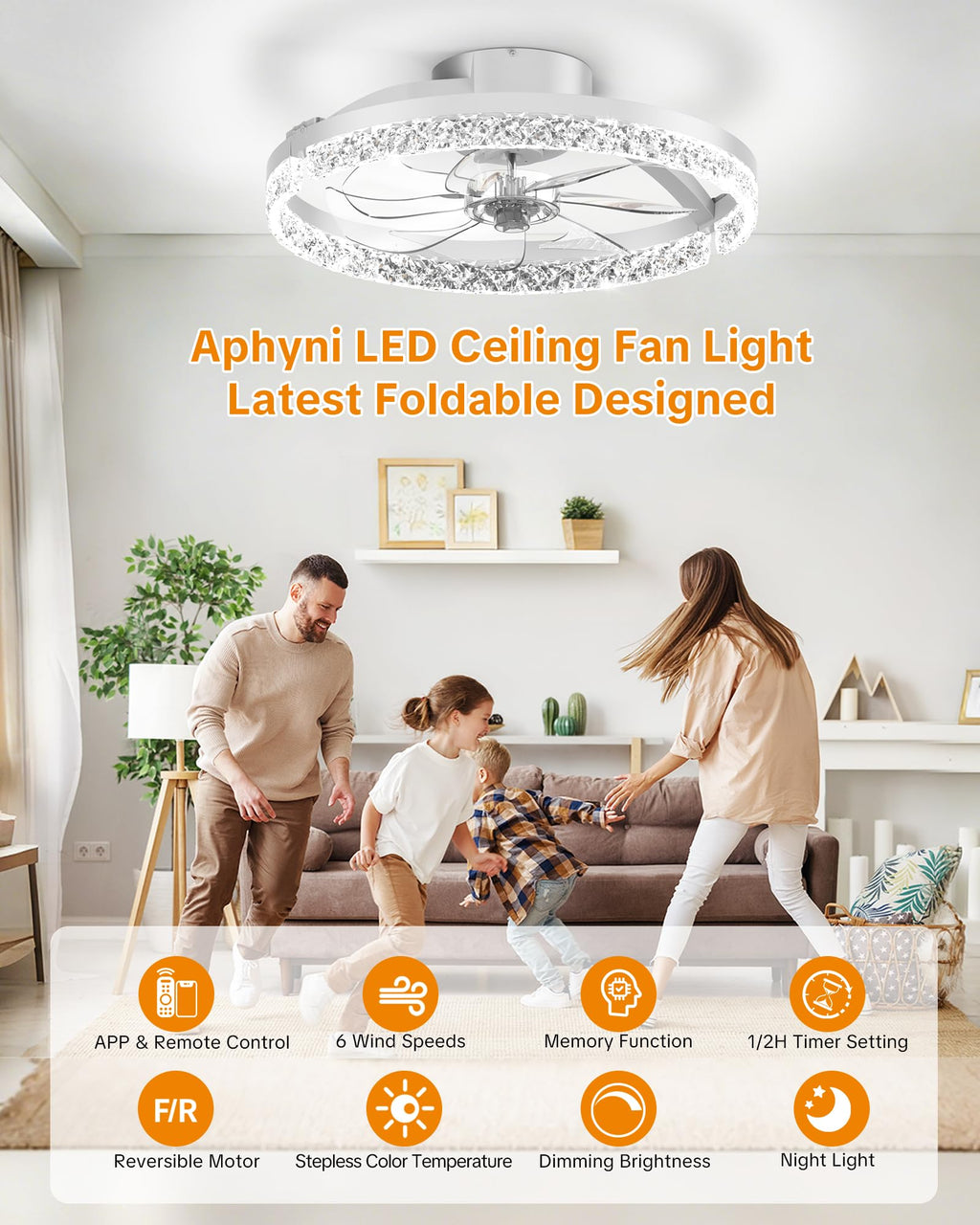 Aphyni Ceiling Fans with Lights and Remote Low Profile Flush Mount LED Ceiling Fan with Lights 3000K-6500K Dimmable Foldable Fandelier Light 6 Wind Speeds Night Light for Bedroom Living Room White