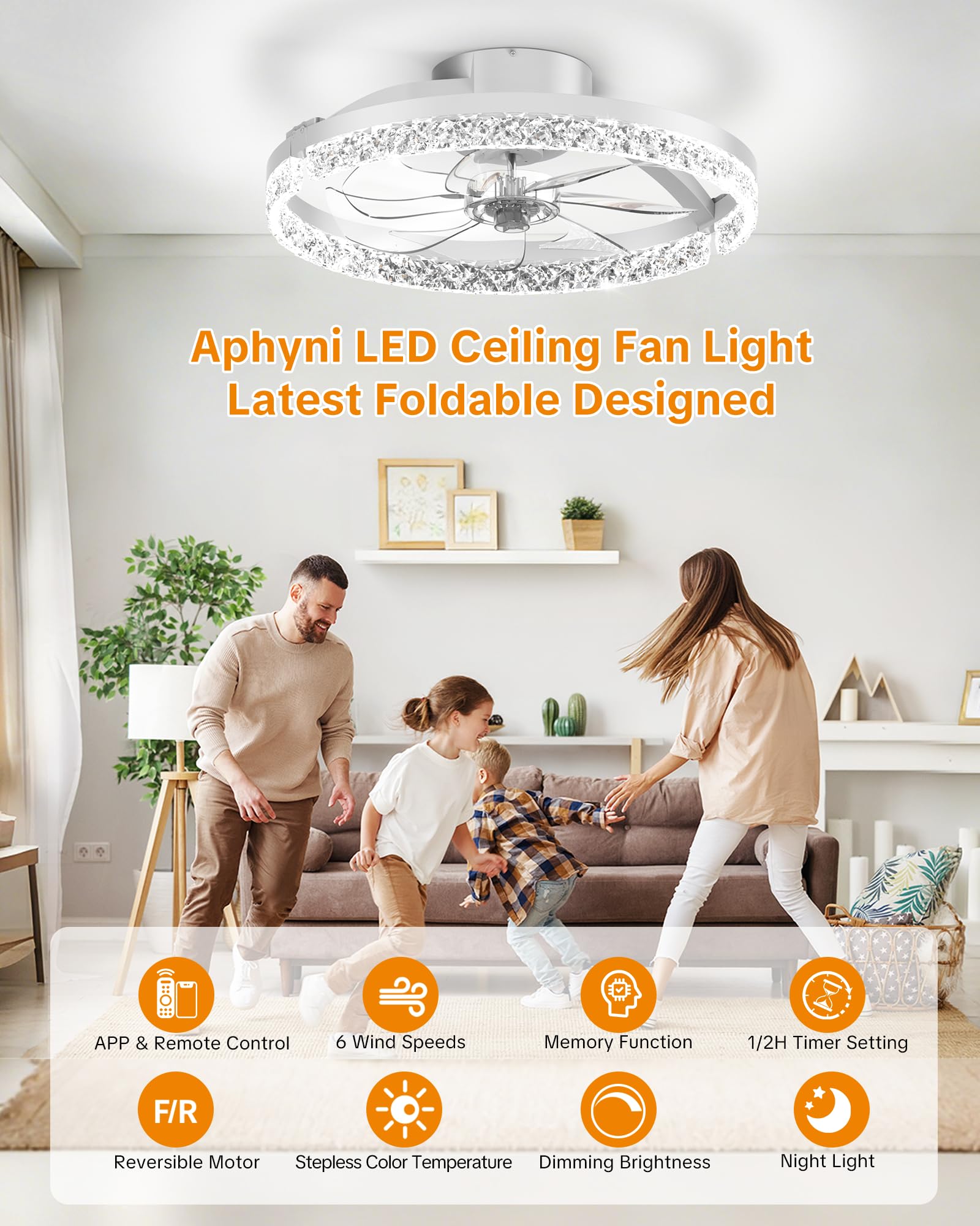 Aphyni Ceiling Fans with Lights and Remote Low Profile Flush Mount LED Ceiling Fan with Lights 3000K-6500K Dimmable Foldable Fandelier Light 6 Wind Speeds Night Light for Bedroom Living Room White
