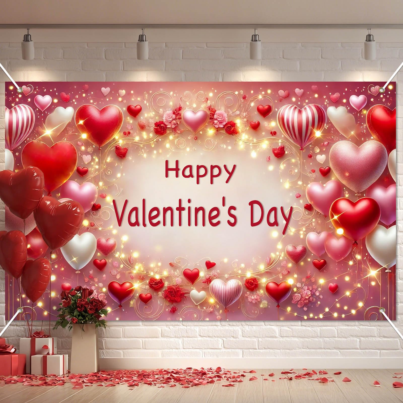 BlissYard Valentine’s Day Banner 71x43 Inches Happy Valentine Backdrop Love Heart Balloon Background Romantic Party Decoration for Valentine Celebration Anniversary Proposal Photo Booth Decor