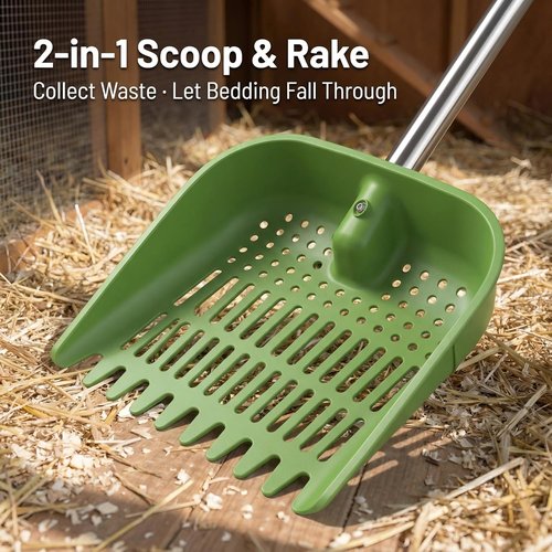 Chicken Poop Scooper - 2-in-1 Coop Scoop & Rake with Adjustable Stainless Steel Handle, 68 in