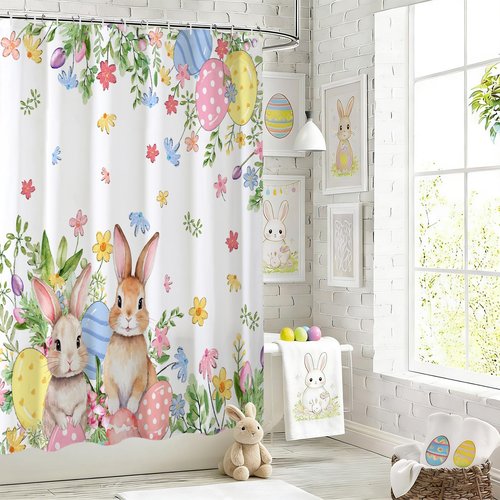 Baccessor Easter Bunnies Eggs Shower Curtain,Cute Rabbits Spring Flowers Shower Curtain Bathroom Bath Home Decor Waterproof Polyester Fabric with Hooks 72 W x72 H Inch