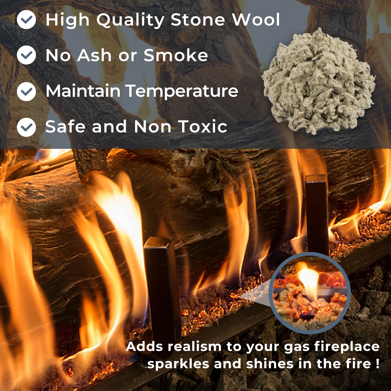 TOSRWGLL Gas Fireplace Glowing Embers,Rock Wool Embers for Indoor Gas Fireplace,Fireplace Embers for Gas Log Sets,Natural Gas,Propane,Vented,Unvented Fireplace, (6 Oz) Bag