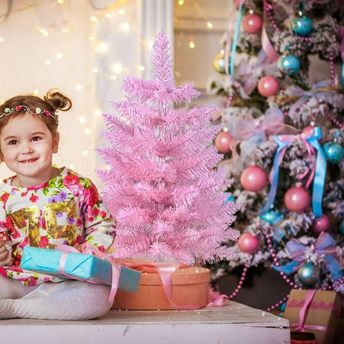 Gloreyan 2FT Artificial Christmas Tree Pink Tabletop Christmas Tree with Plastic Stand Mini Xmas Pine Tree for Party Supplies Indoor Outdoor Holiday Home Decoration (Pink)