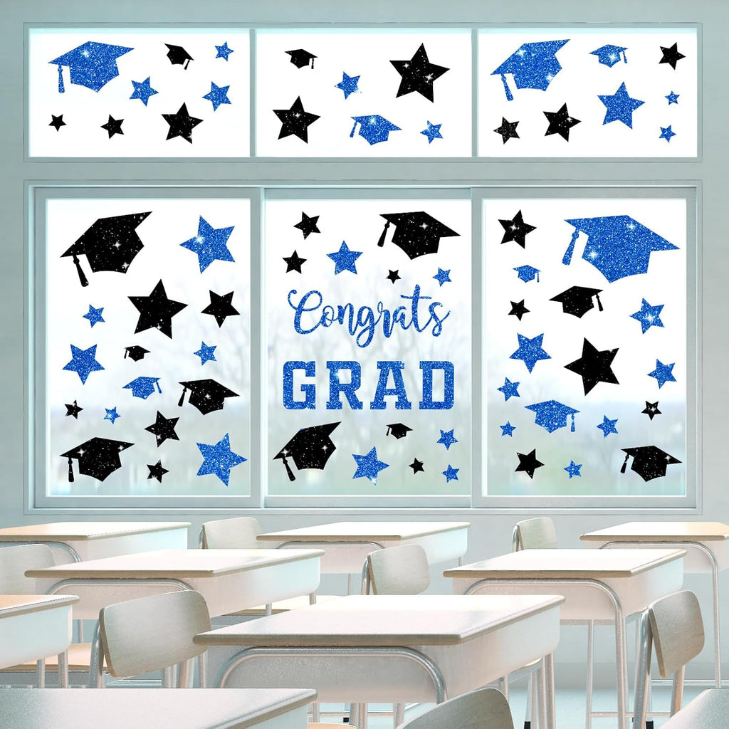Whaline Glitter Graduation Window Clings - Reusable Blue & Black Decor for Home & School Celebrations