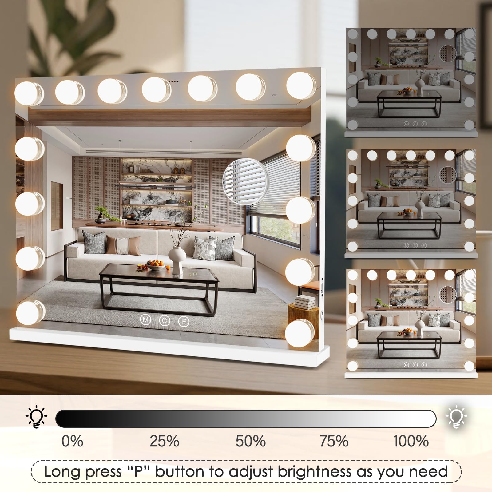 Lighted Makeup Mirror 19" L x 23" Light Hollywood Mirror with Detachable 10X Magnification Hollywood Vanity Mirror with Lights Smart Touch Control Hollywood Lighted Mirror with 15 LED Bulbs 3Colors