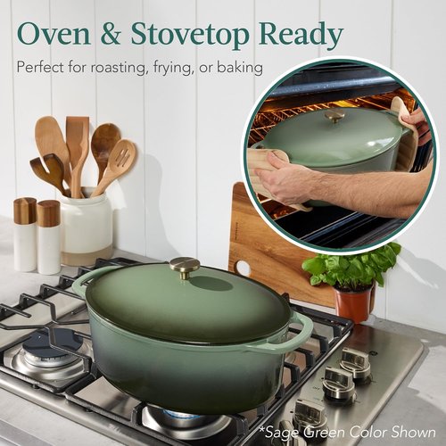 Best Choice Products Oval 7.5 Quart Enamel Cast-Iron Dutch Oven - Heavy-Duty Pre-Seasoned for Cooking | Deep Olive Green