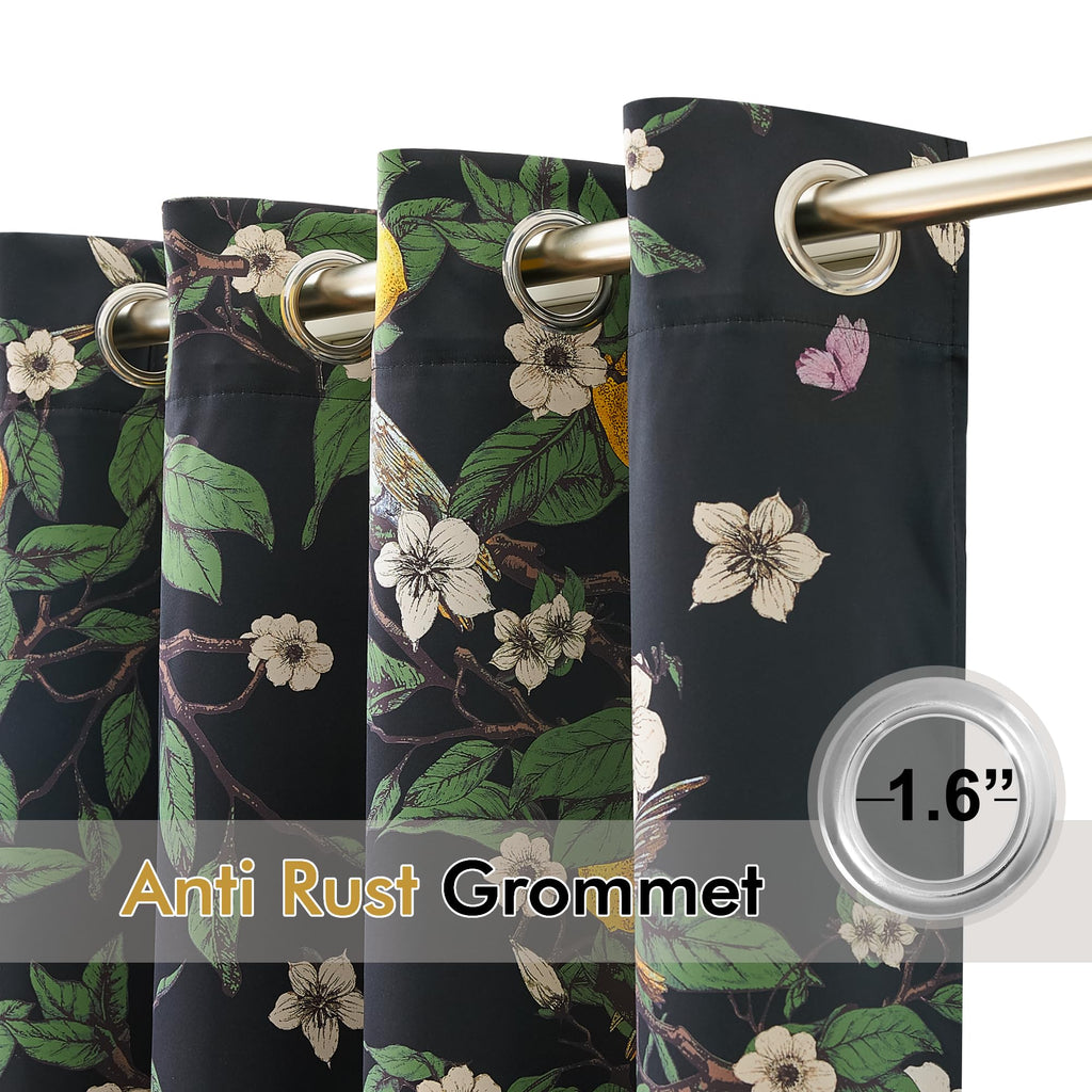 NICETOWN 100% Blackout Floral Curtains for Bedroom, W52 x L84 2 Panels, Hummingbird Lemon Botanical Print Design Thermal Insulated Privacy Drapes, Black Out Curtains for Living Room, Farmhouse