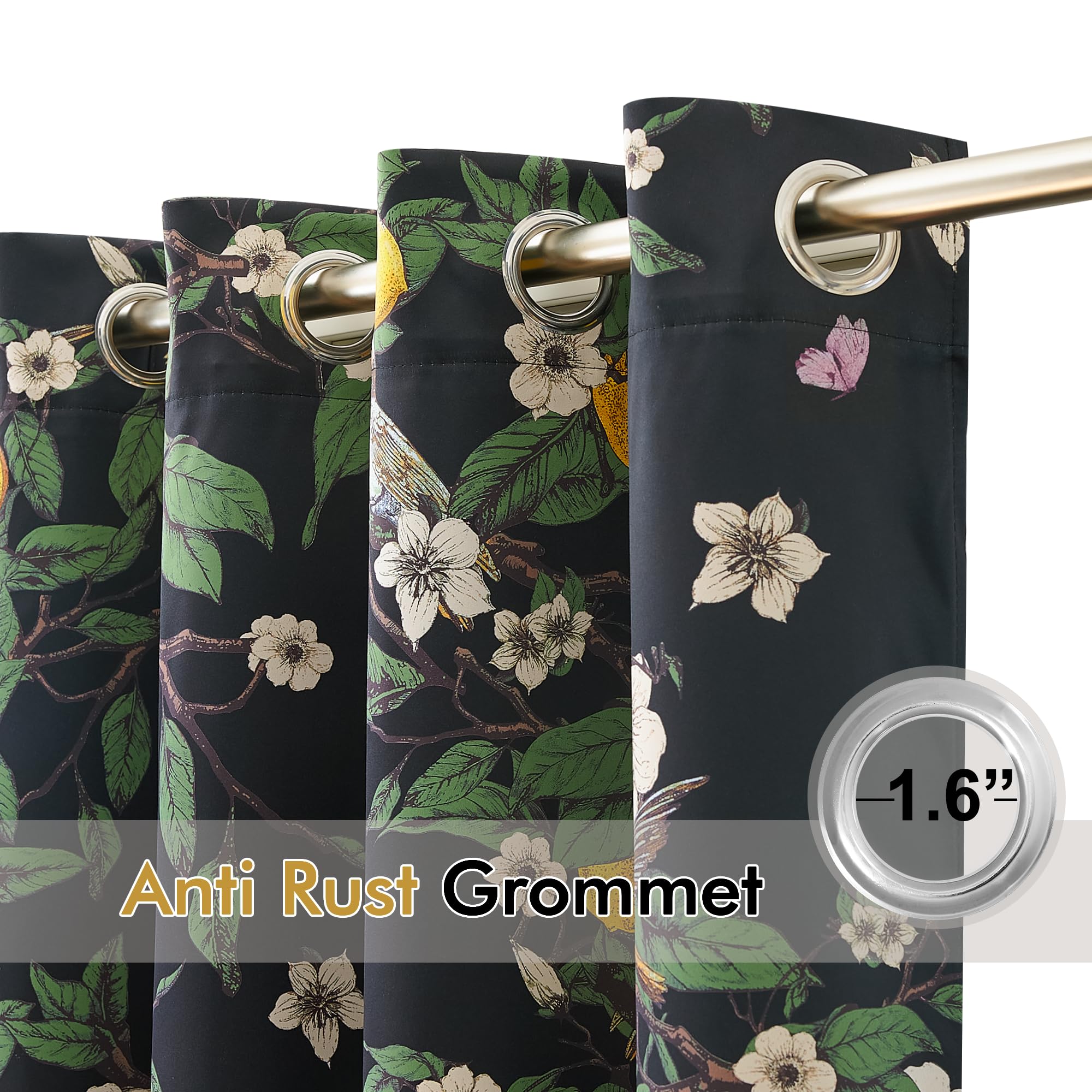 NICETOWN 100% Blackout Floral Curtains for Bedroom, W52 x L84 2 Panels, Hummingbird Lemon Botanical Print Design Thermal Insulated Privacy Drapes, Black Out Curtains for Living Room, Farmhouse