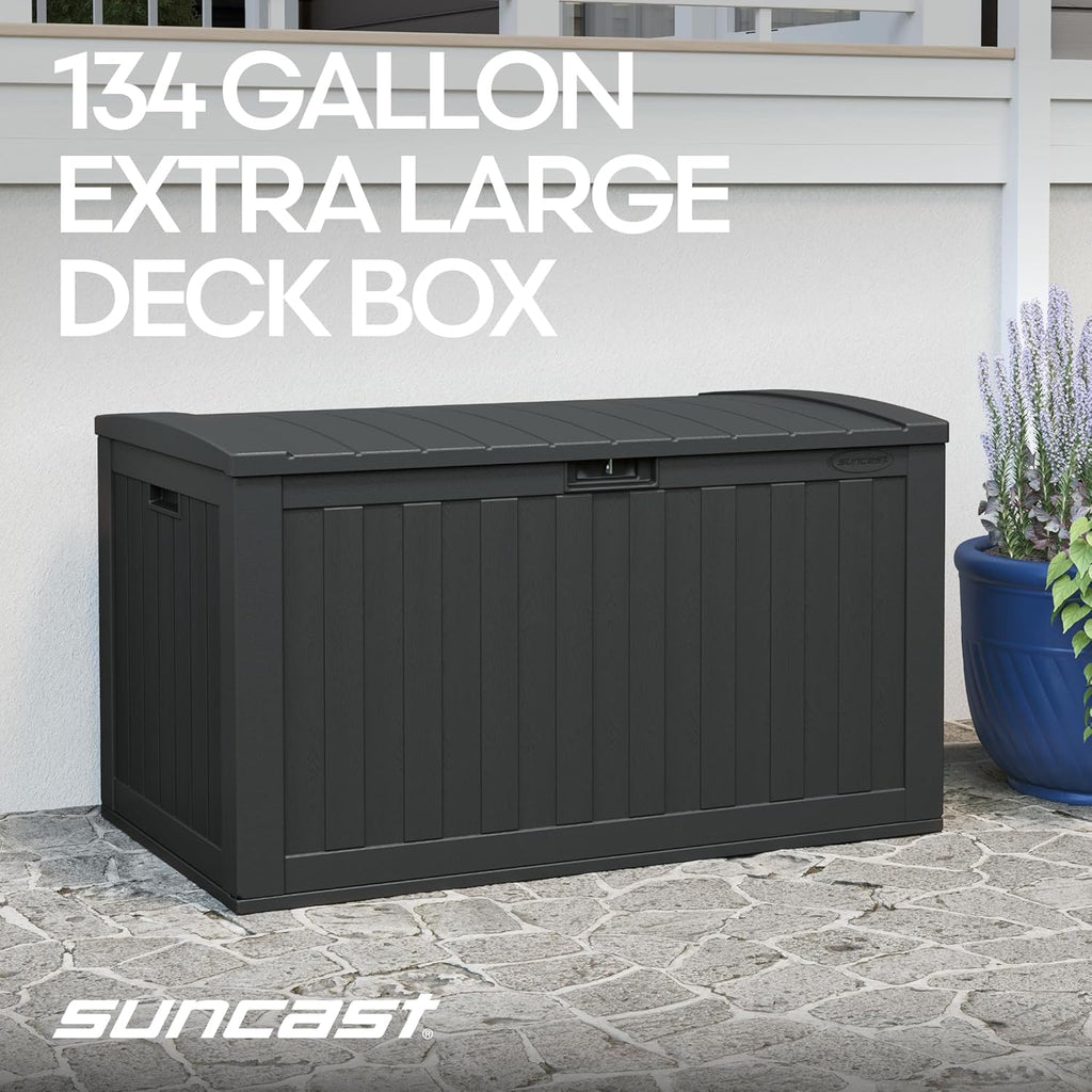 Suncast Extra-Large Resin Outdoor Patio Deck Box - 134-Gal Storage with Pad-Lockable Lid | Iron Ore Color