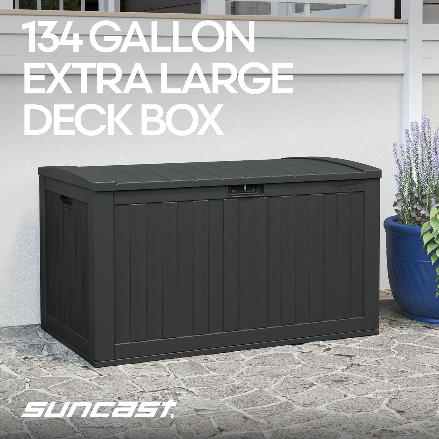 Suncast Extra-Large Resin Outdoor Patio Deck Box - 134-Gal Storage with Pad-Lockable Lid | Iron Ore Color
