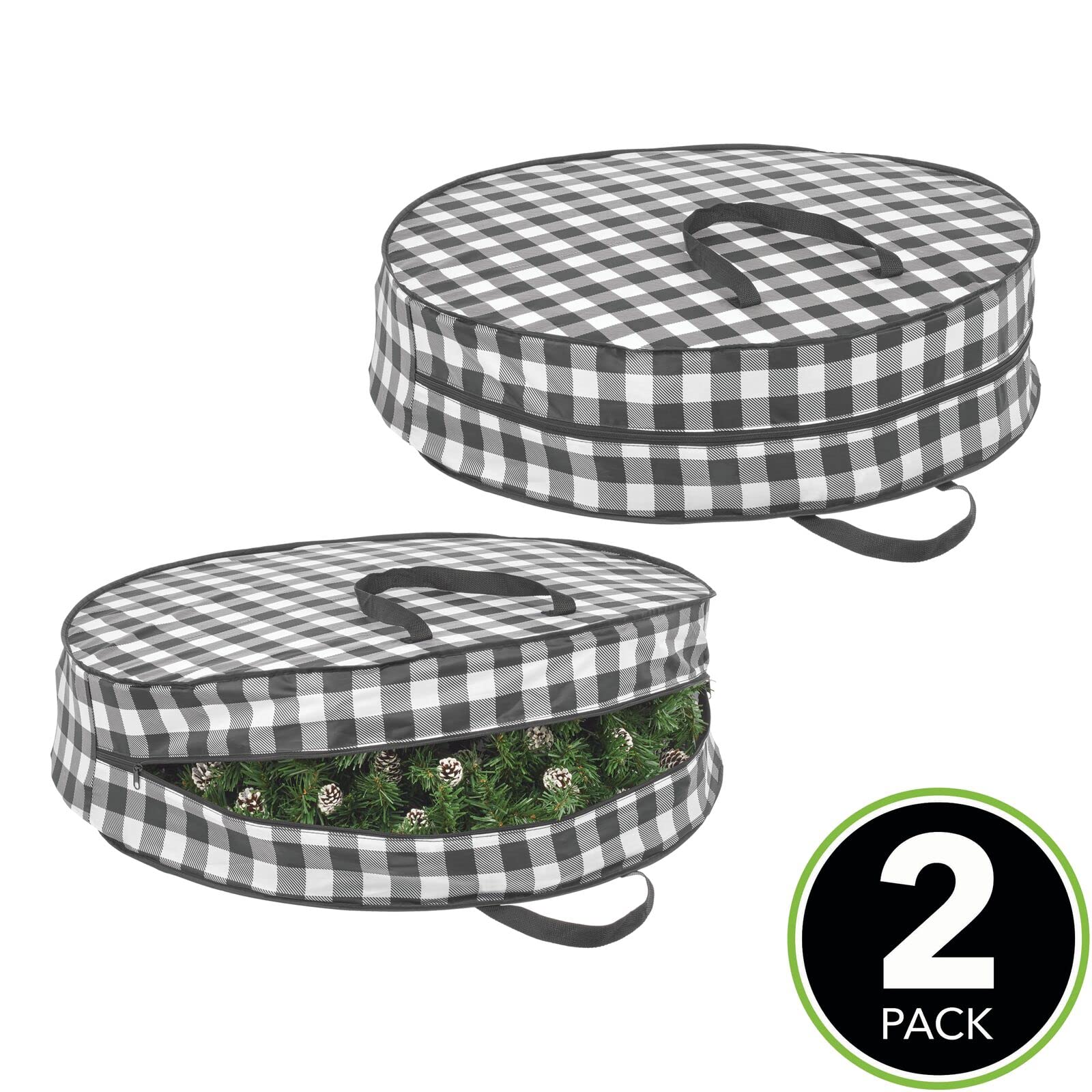 mDesign Round 30" Wreath Storage Container with Handles, Fabric Christmas Wreath Storage Bag, Protector, Garland Storage Bag Container, Holiday Decoration Organizer - 2 Pack, Buffalo Plaid Black/White
