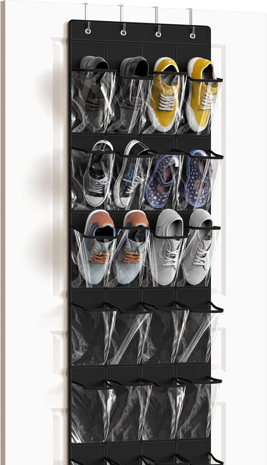 Simple Houseware 24 Pockets Over The Door Hanging Shoe Organizer - Crystal Clear, Black (64'' x 19'')
