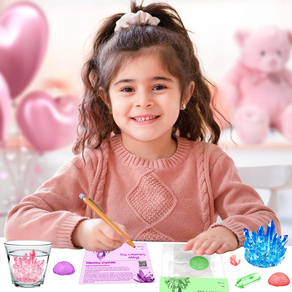 24 Pack Valentines Day Gifts for Kids - Crystal Growing Science Kit with Valentine Cards, Unique Class Classroom Exchange Cards, School Party Favors and Goodie Bags Stuffers for Girls Boys
