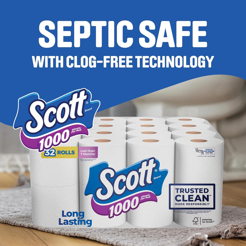 Scott 1000 Toilet Paper - Trusted Clean, Septic-Safe, 1-Ply, 32 Rolls for Ultimate Comfort
