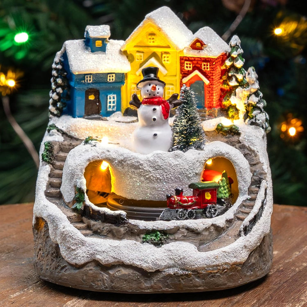 MXwcy Christmas Village House - Moving Train & Music, Lighted Snowman Figurine with 8 Holiday Songs, LED Lights