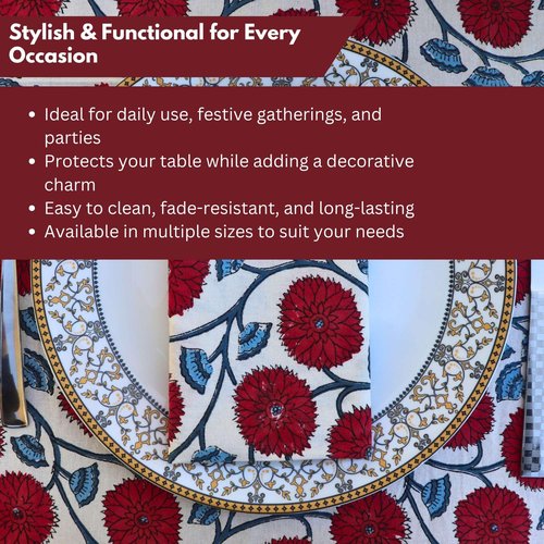 Handblock Print Cotton Tablecloth – 72x180 Rectangle Table Cover Seats 6–8 – Indian Block Printed Floral Dining Table Linen – Boho Washable Cloth for Kitchen, Party, Outdoor (White)