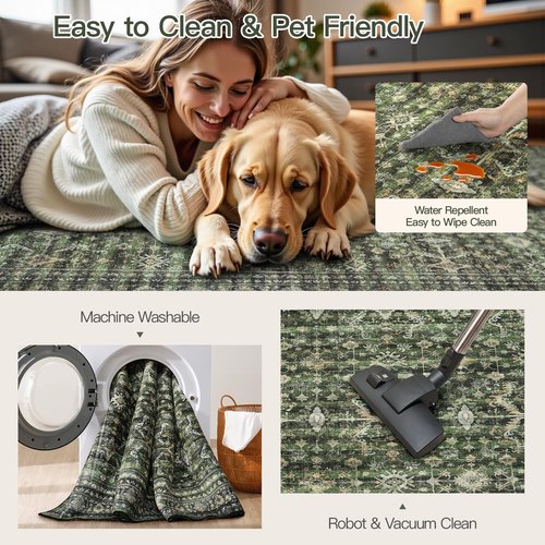 Lofus 8x10 Area Rug for Living Room,Green Washable Large Rugs with Non-Slip Backing,Soft Boho Carpets for Bedroom Dining Room Home Office Indoor Nursery