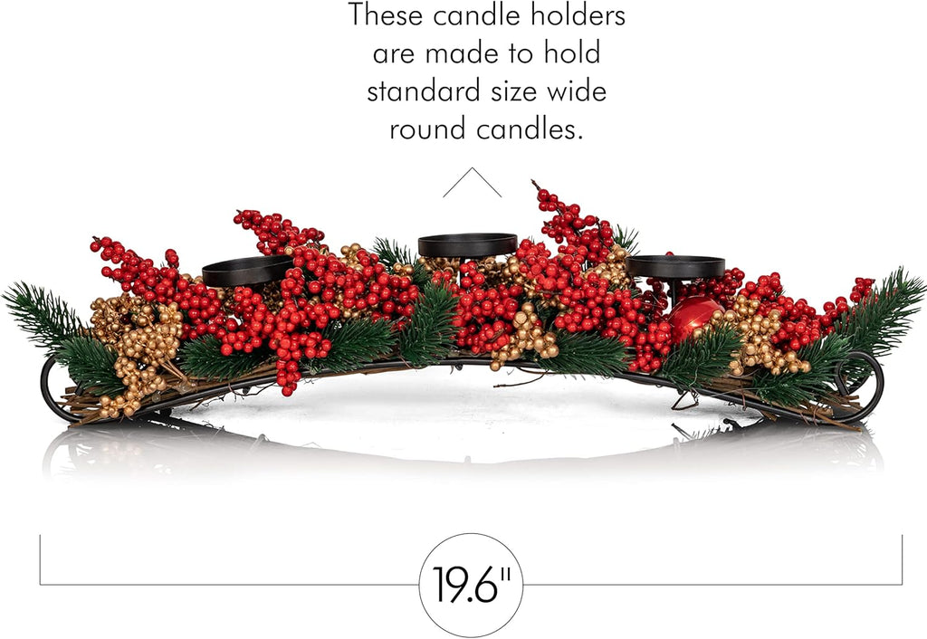 Ornativity Christmas Décor Candle Holder - Festive Table Centerpiece with Red & Gold Berries, Twigs, Evergreens