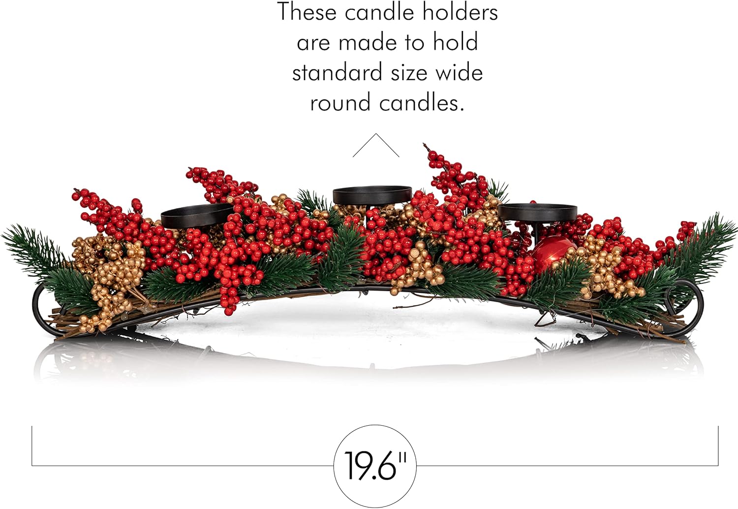 Ornativity Christmas Décor Candle Holder - Festive Table Centerpiece with Red & Gold Berries, Twigs, Evergreens