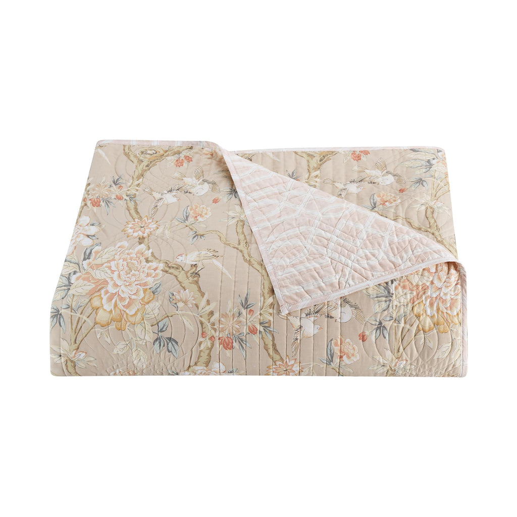 Waverly Peony Gardens 4 Piece Cotton Quilt Set, Embellished All Season Bedding, Includes One Quilt, One Bed Skirt and Two Pillow Shams, Machine Washable King Bed Set, Taupe
