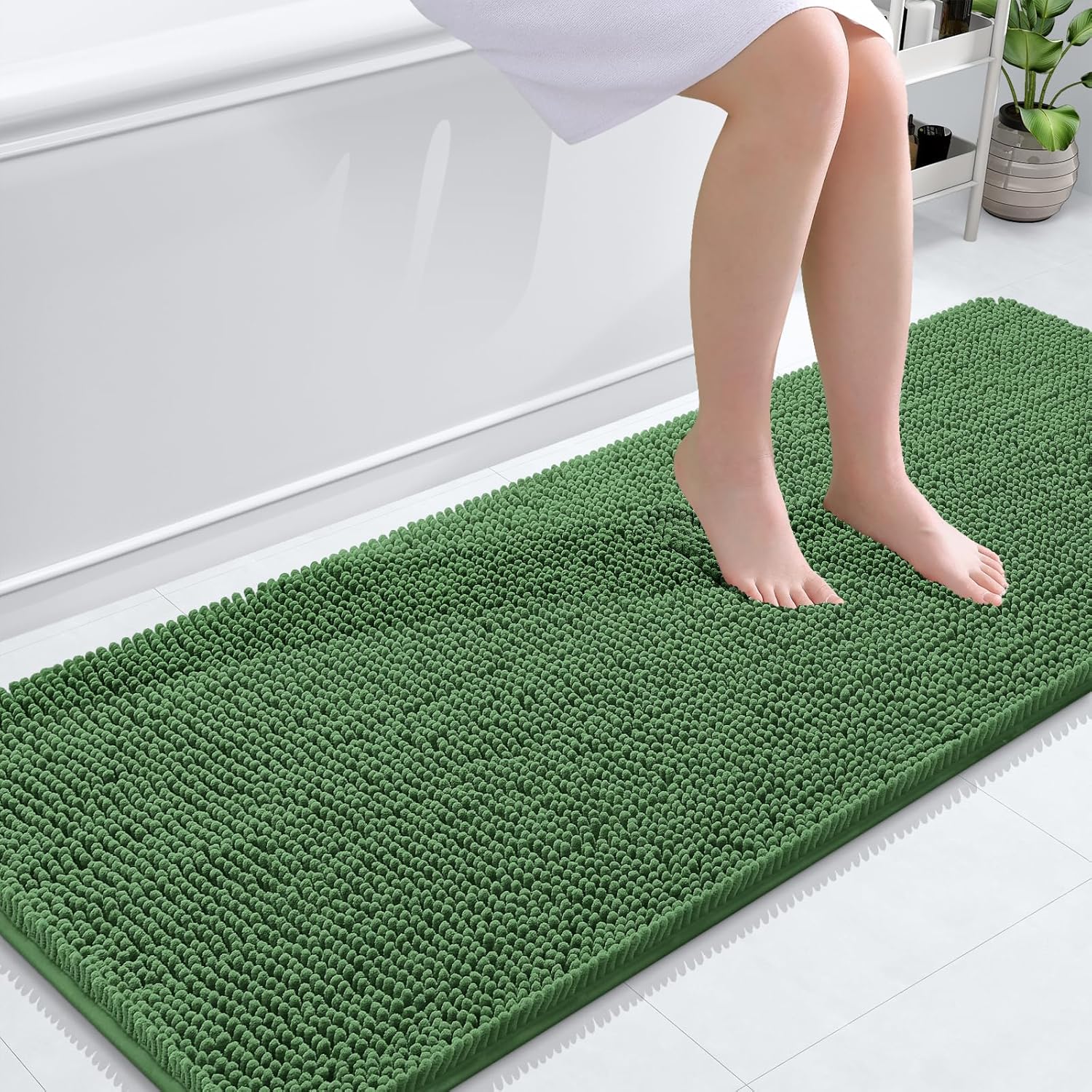 OLANLY Bathroom Runner Rugs - Soft Absorbent Chenille with Rubber Backing | 59x24 Inches, Olive Green