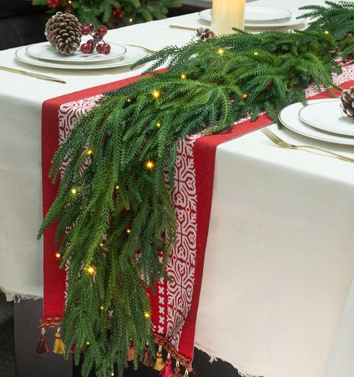 JOJOLEE 9FT Artificial Norfolk Pine Garlands, Pre-Lit Christmas Garland with Timer Lights 8 Modes, Battery Powered Evergreen Garland, Natural Hanging Greenery for Fireplace Mantle Stair Decor