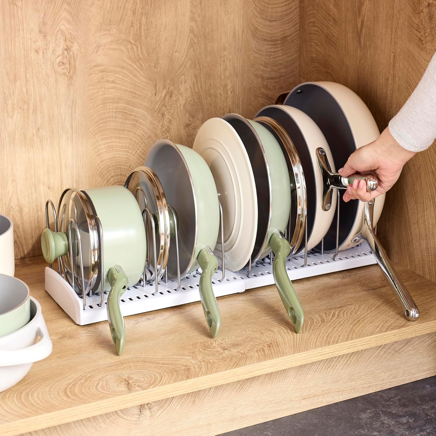 YouCopia StoreMore Expandable Pan Rack - Adjustable 12.5"-22" Kitchen Organizer with Steel Wires