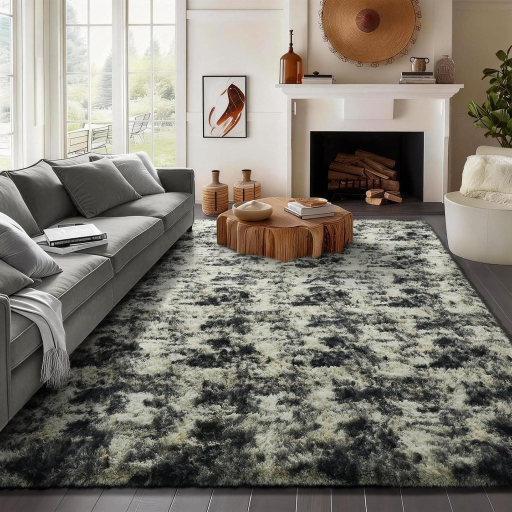 Ophanie Area Rug - Fluffy Black, Gold & Grey Shag Carpet for Living Room | 8x10 Soft Plush Design
