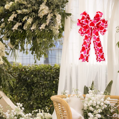 Large Heart Printing Ribbin Bows Red Heart Wreaths Bows for Wedding Valentine's Day Window Door Wreath Decoration