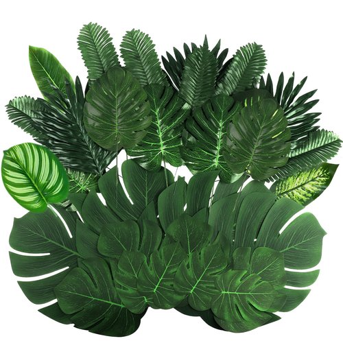 Ledoira 106Pieces 10 Kinds Artificial Palm Leaves Tropical Leaves with Stems Jungle Leaves Decorations for Hawaiian Luau Party Beach Baby Shower Wedding Birthday