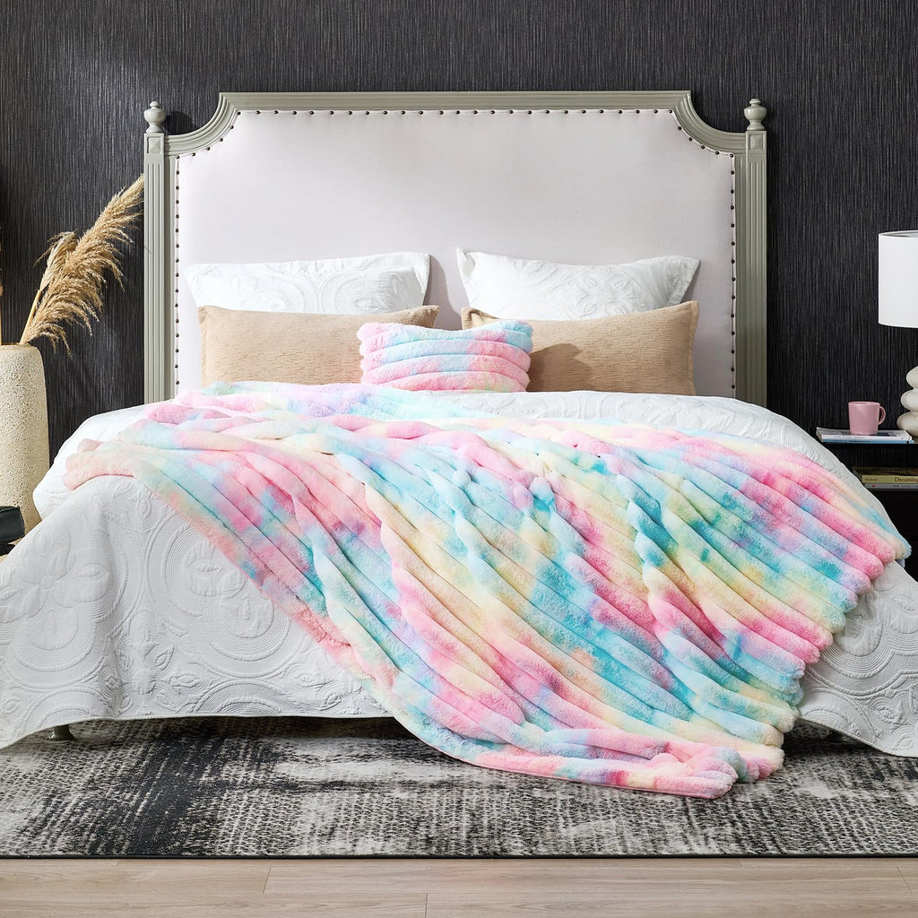 Cozy Bliss Faux Fur Throw Blanket for Couch, Cozy Warm Plush Striped Blanket for Sofa Bedroom Living Room, 50 * 60 Inches Tie-dye Rainbow