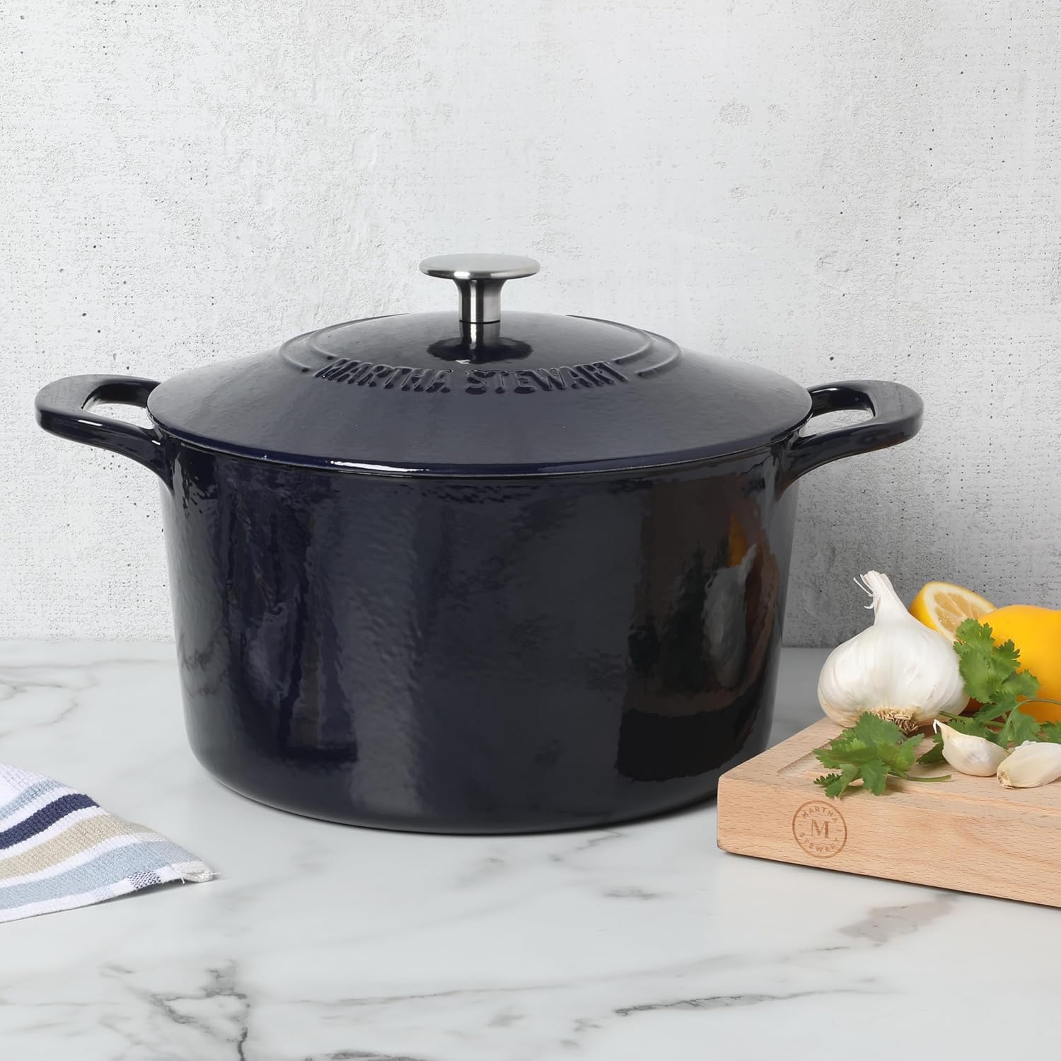 Martha Stewart Gatwick 7 QT Enamel Cast Iron Dutch Oven - Navy Blue, Durable for Slow Cooking & Baking