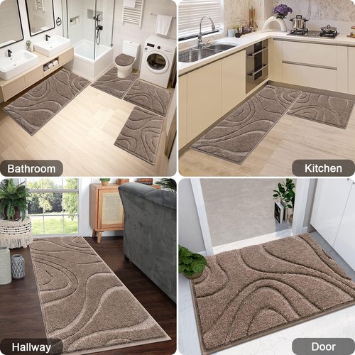 HEBE Bathroom Rugs Sets 5 Piece, Soft Absorbent Microfiber Bath Mat for Bathroom, Non Slip Washable Bath Rug Set with Toilet Cover, Bath Runner and U-Shaped Contour Toilet Rug, Coffee