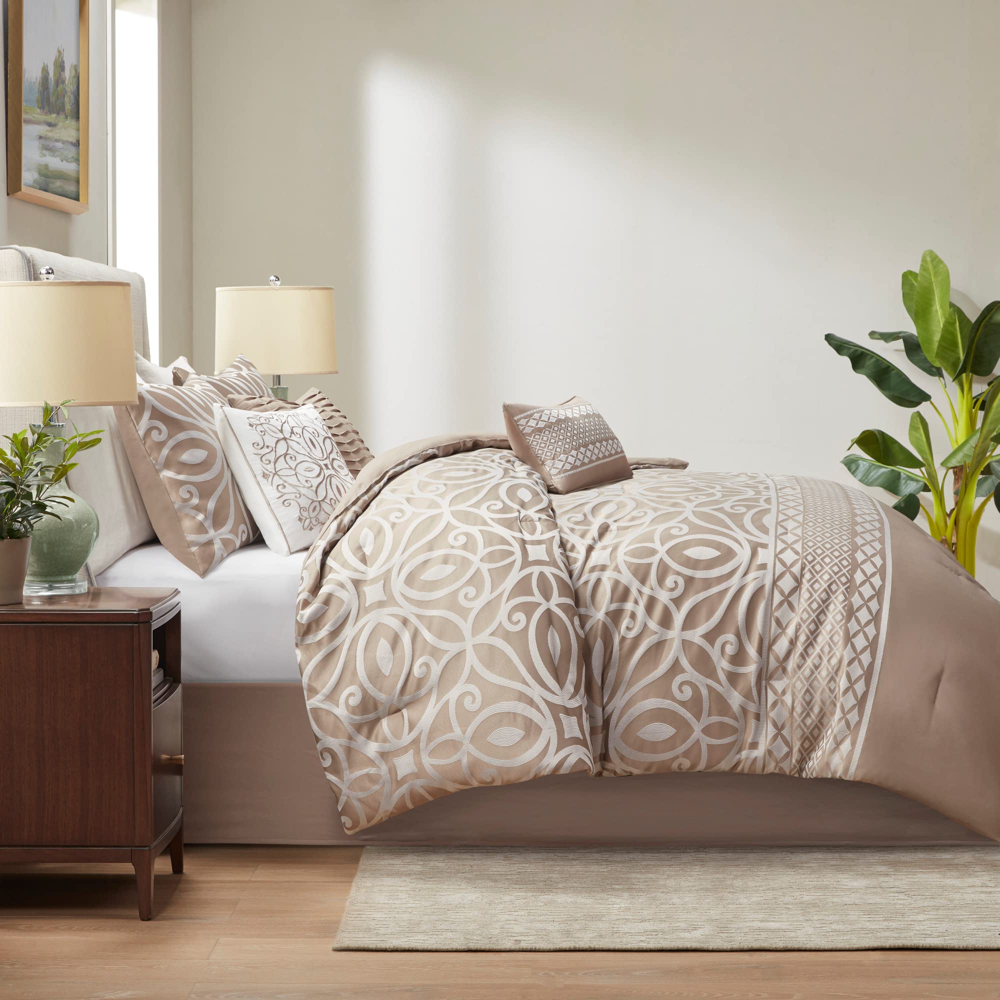 Madison Park Carina Cozy Comforter Set Luxe Jacquard Medallion Design with Embroidery and Pleated Details, All Season Bedding with Matching Shams, Decorative Pillow, Queen, Taupe 7 Piece