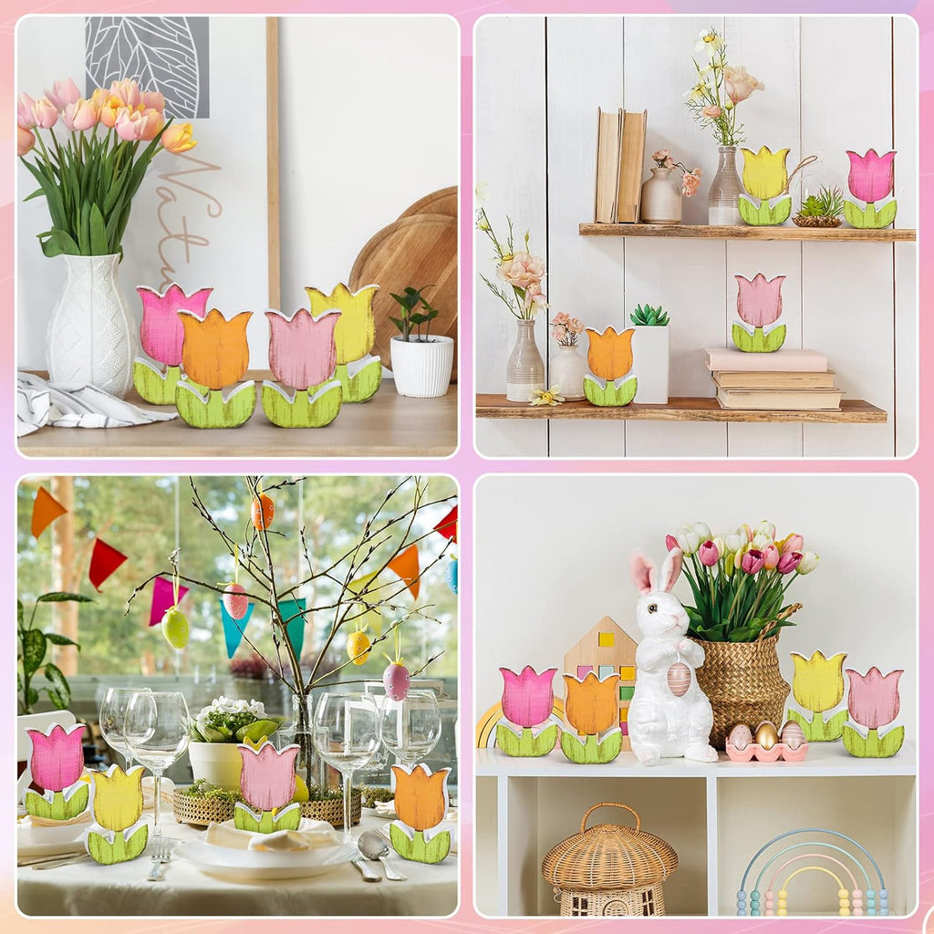 Whaline 4Pcs Spring Tulips Wood Signs - Rustic Floral Table Decor for Farmhouse Centerpieces