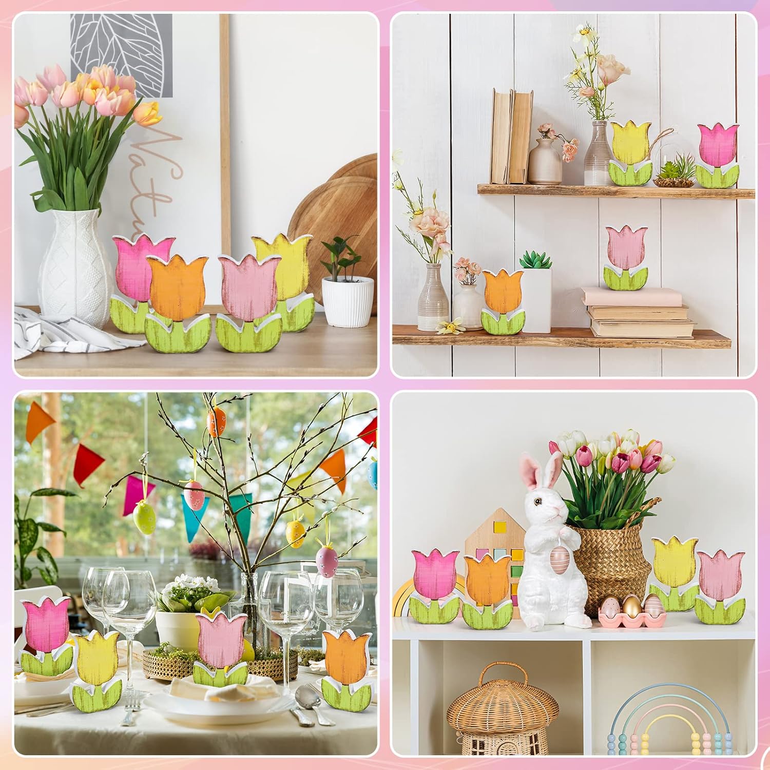 Whaline 4Pcs Spring Tulips Wood Signs - Rustic Floral Table Decor for Farmhouse Centerpieces