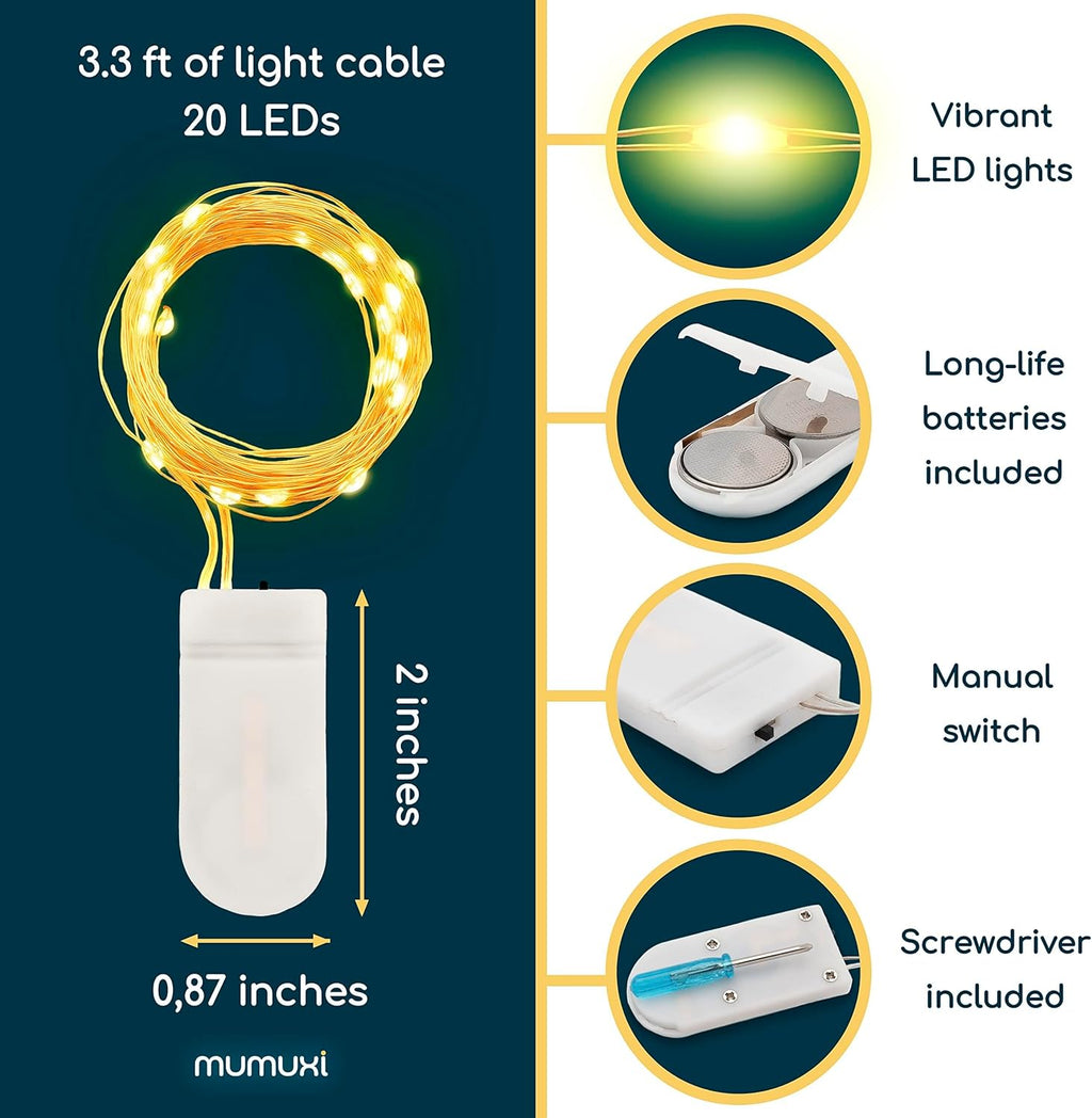 MUMUXI Fairy String Lights - 20 Pack 3.3ft Battery Operated Mini LEDs for Weddings & Parties | Warm White