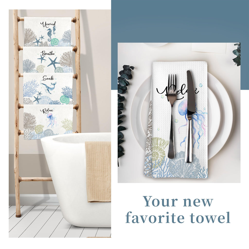 WARDOS Coastal Hand Towels for Bathroom Set of 4, Relax Breathe Soak Unwind Decorative Hand Towels for Gym Yoga Spa Bathroom Kitchen Decor, 16x24 Inch