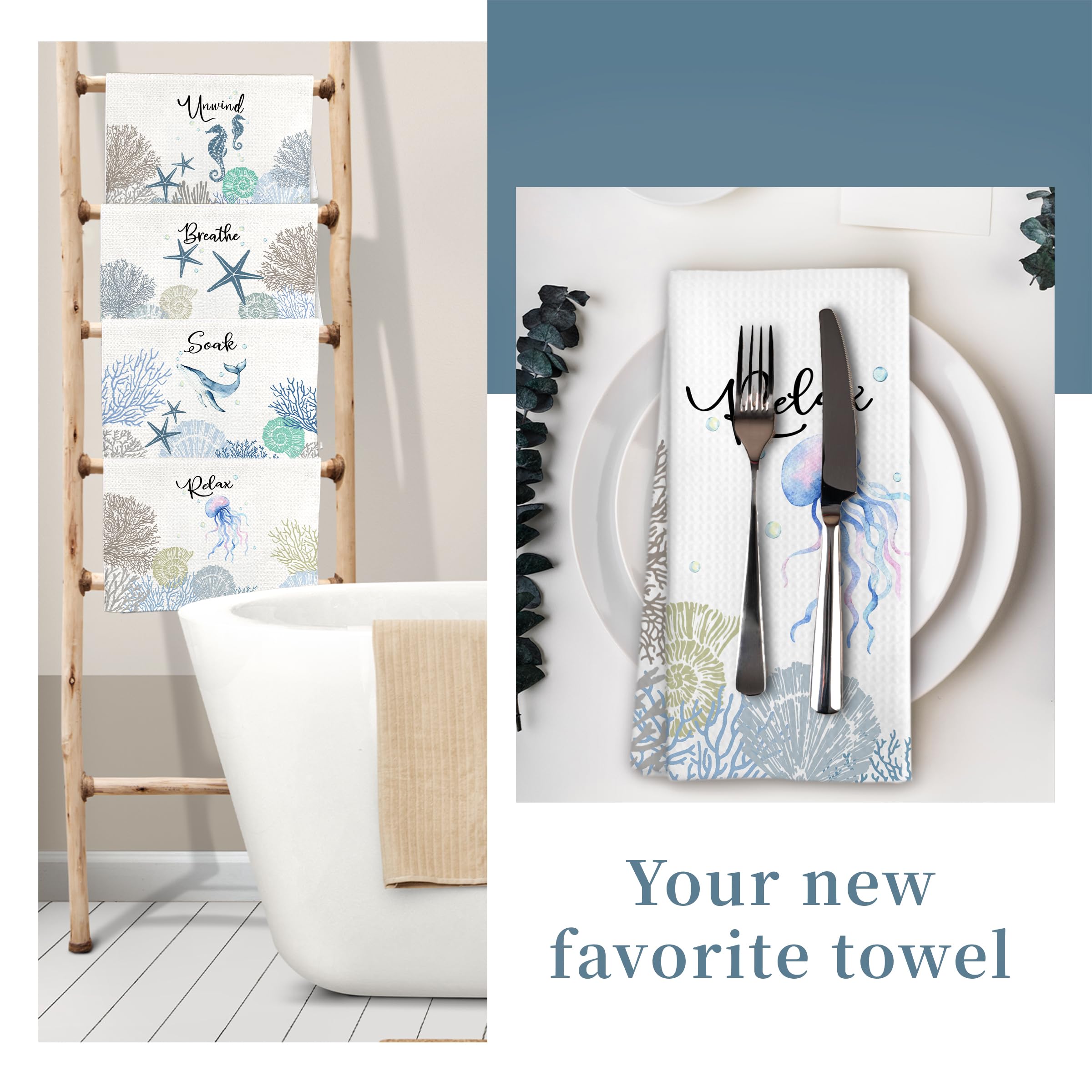 WARDOS Coastal Hand Towels for Bathroom Set of 4, Relax Breathe Soak Unwind Decorative Hand Towels for Gym Yoga Spa Bathroom Kitchen Decor, 16x24 Inch